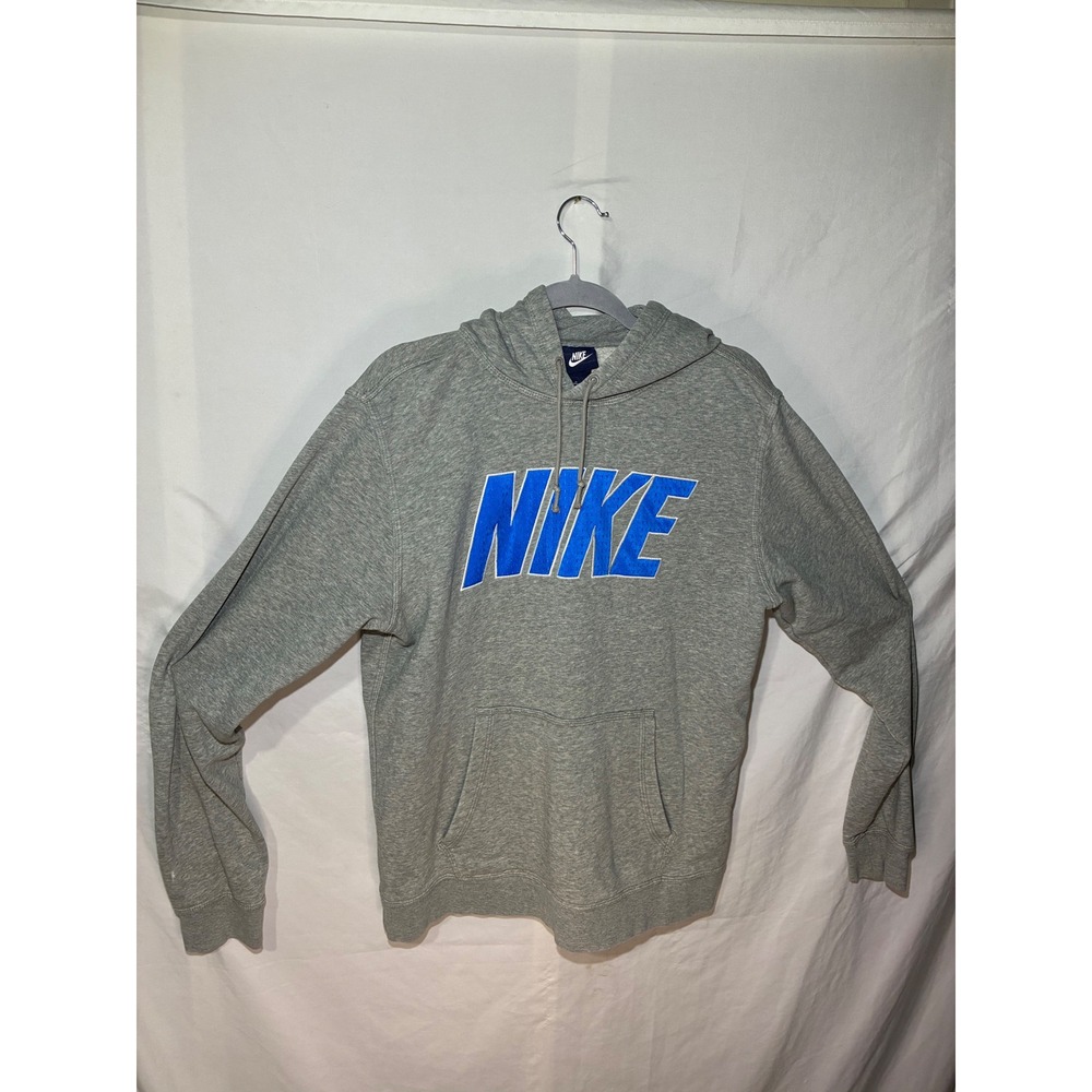 VTG Nike Hoodie Mens Large Gray Blue Spellout Logo Pullover Fleece Sweatshirt